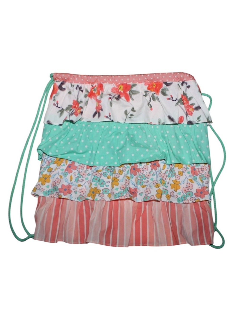 Ruffled Floral & Stripe Drawstring Skirt in Coral, Mint & White